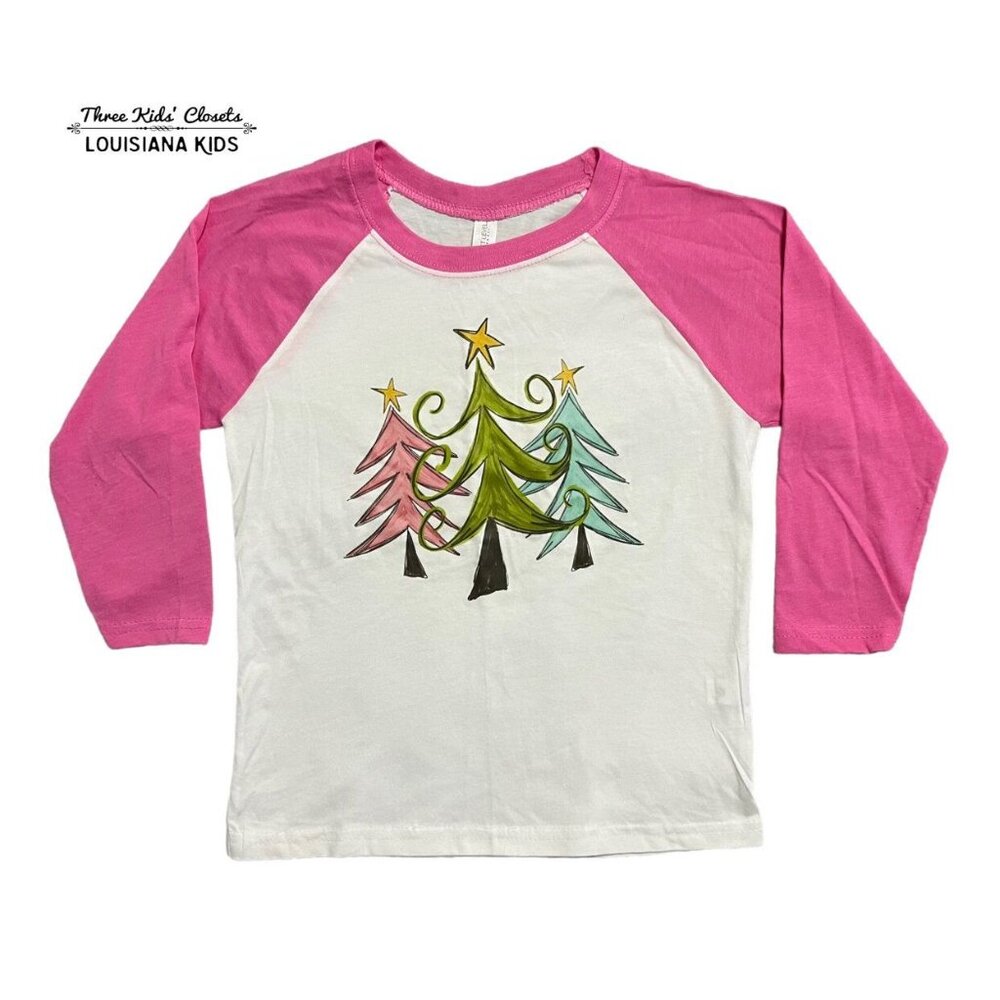 Custom Sz S Pink Christmas Trees Raglan Shirt